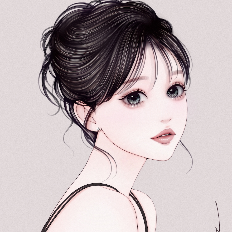 黒髪のクールな女性イラスト　　女性のイラスト　キャミソールの女性イラスト　女の子のイラスト　アップヘアの女の子　　パーソナルカラー診断　ブルベ女性のイラスト