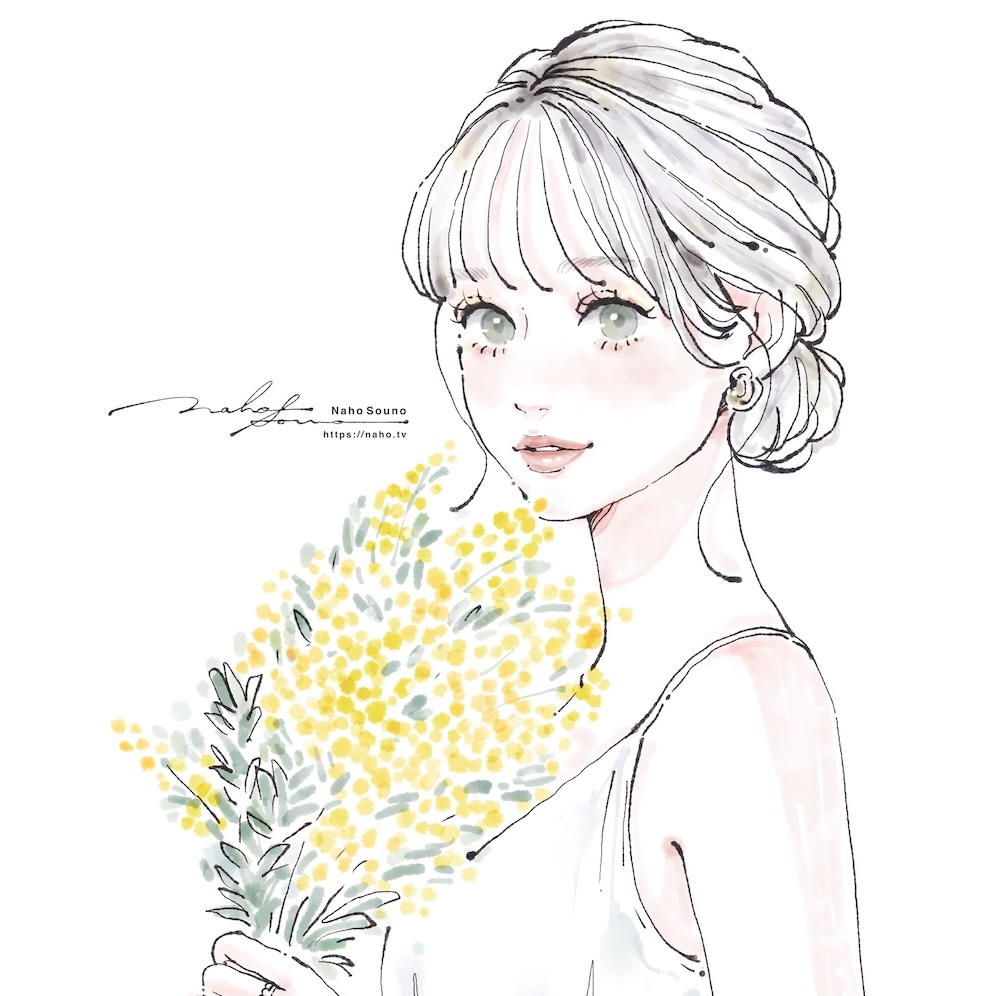 ミモザの花を持つ女性のイラスト　ミモザの日　国際女性デー　花と女性水彩画イラスト　女性のイラスト　手書きイラスト　アナログイラスト　水彩画　女の子のイラスト